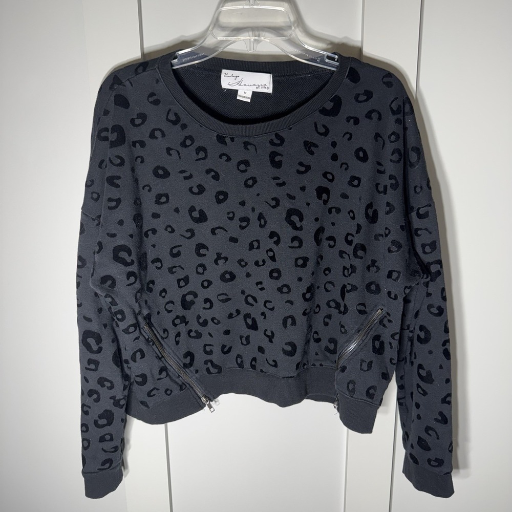 Vintage Havana Women Black Velvet Leopard Crop Top Zip Sweatshirt Medium